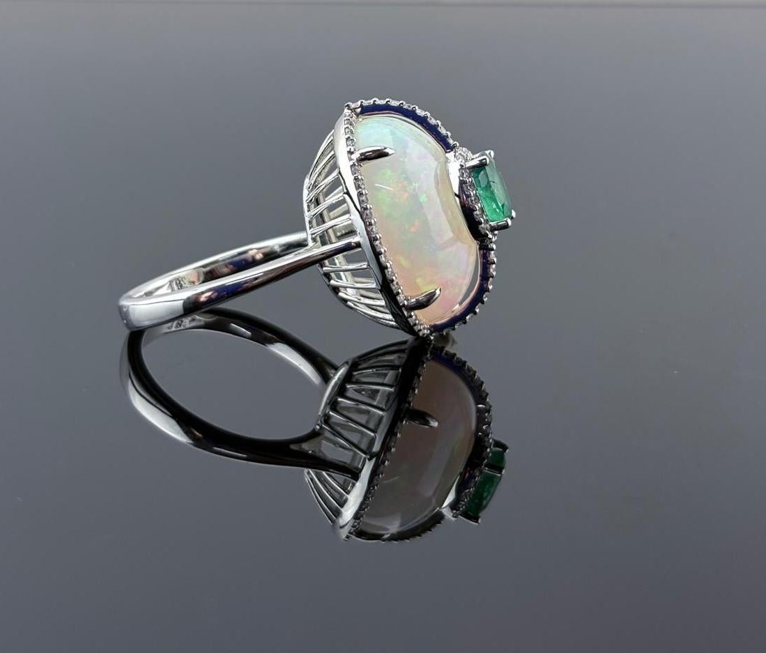 Emerald Cut Certified Color Play Effect Oval Opal 18KT White Gold, Diamond And Emerald Ring For Sale
