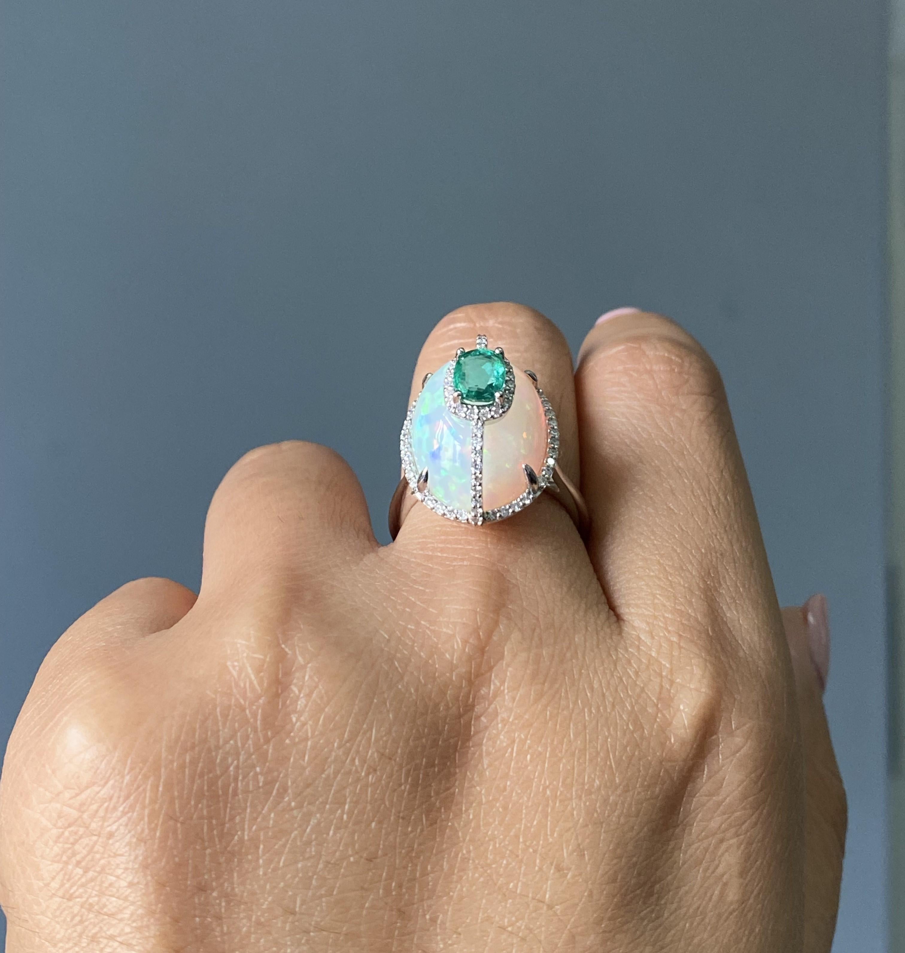 Certified Color Play Effect Oval Opal 18KT White Gold, Diamond And Emerald Ring For Sale 1