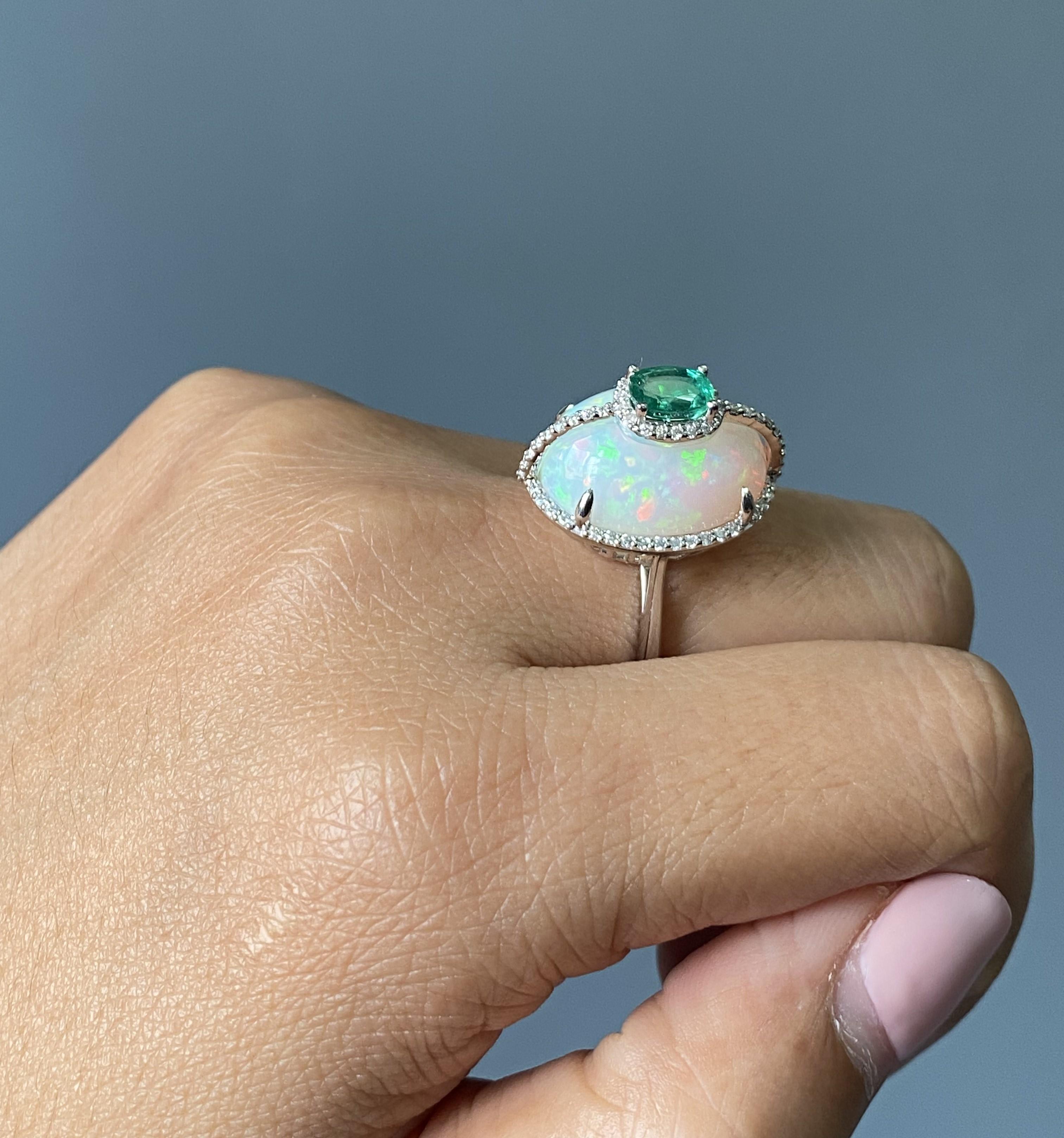 Certified Color Play Effect Oval Opal 18KT White Gold, Diamond And Emerald Ring For Sale 2