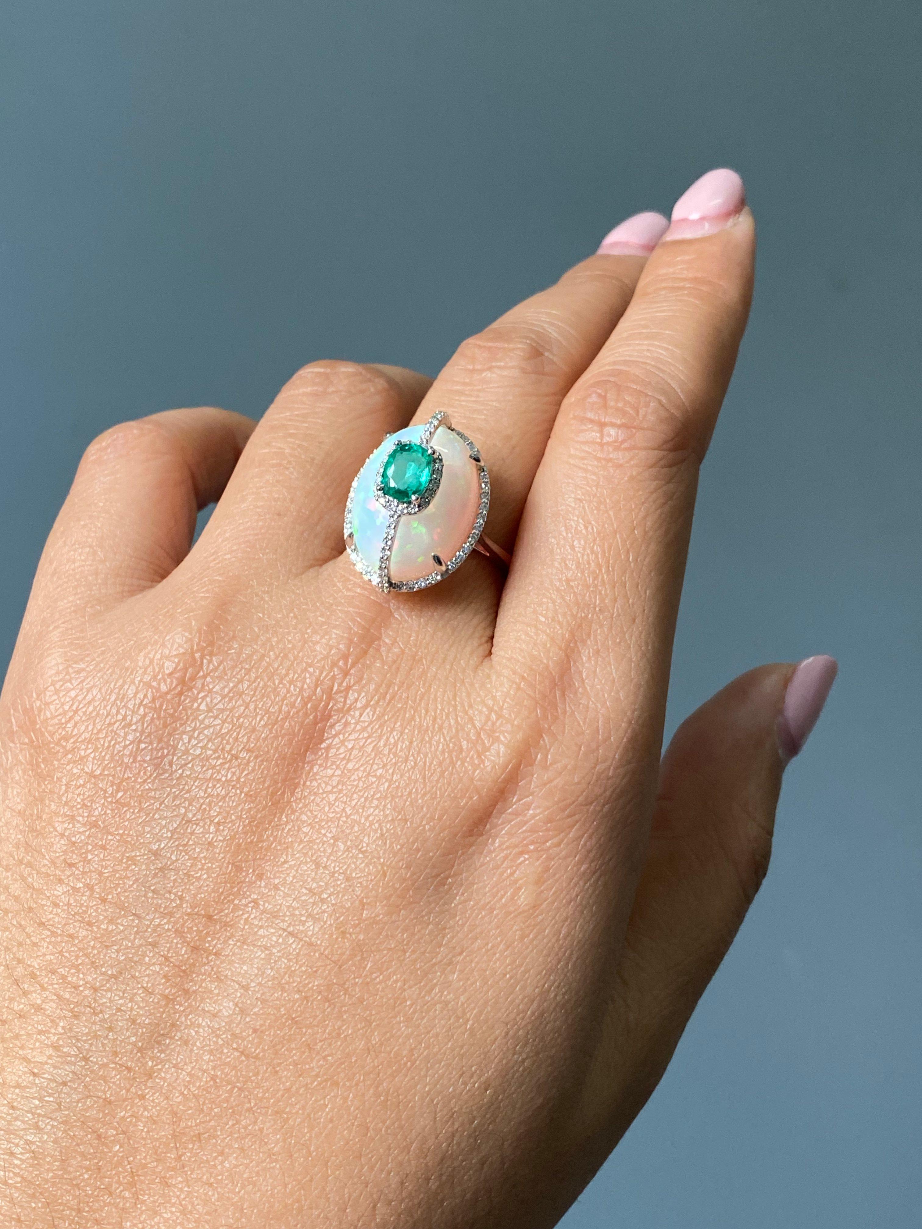 Certified Color Play Effect Oval Opal 18KT White Gold, Diamond And Emerald Ring For Sale 3
