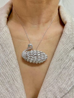 Certified Colorless Icy Jade & Diamond Swan Pendant / Brooch, High Translucency