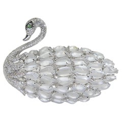Certified Colorless Icy Jade & Diamond Swan Pendant / Brooch, High Translucency
