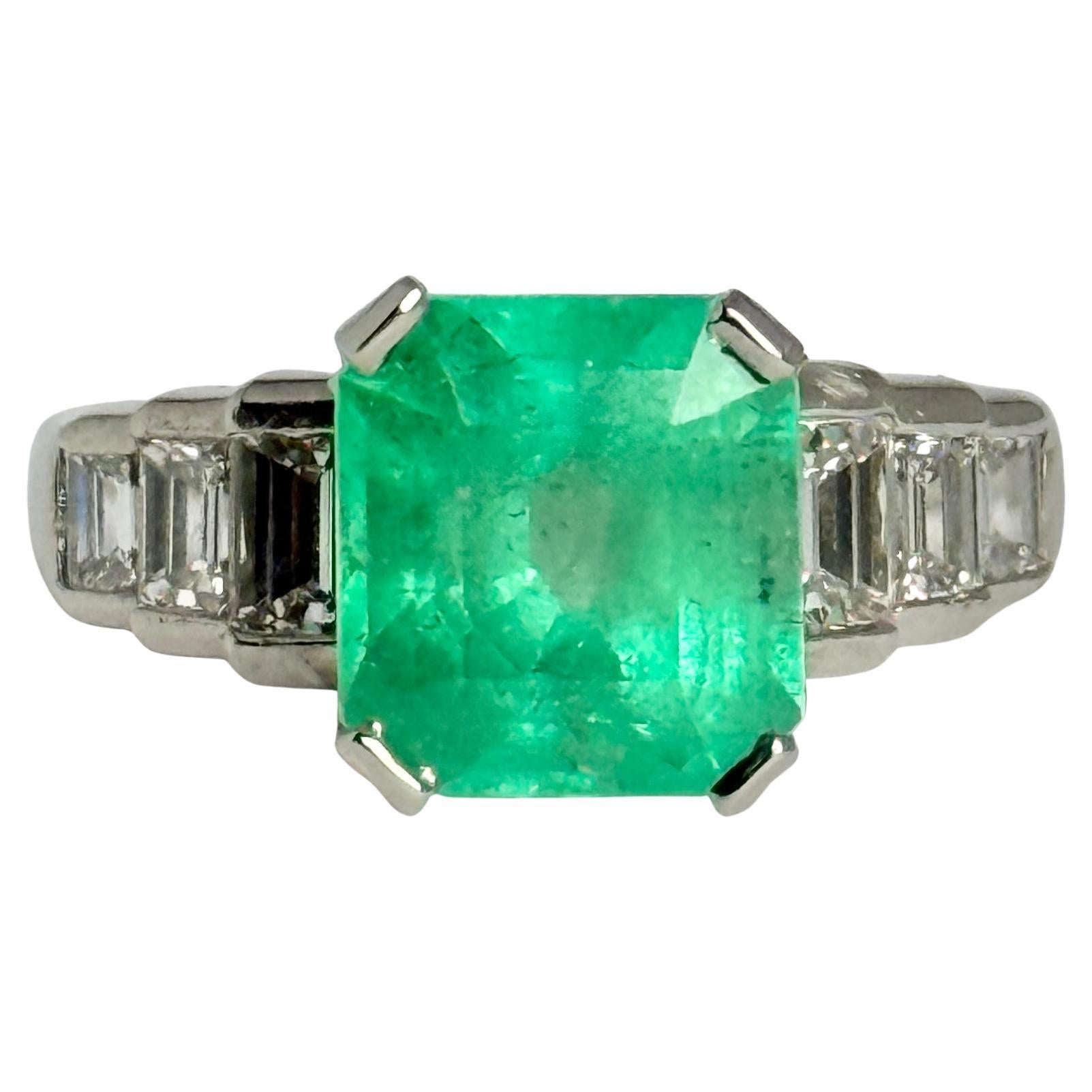 Certified Columbian Emerald and Diamond Platinum Solitaire Ring