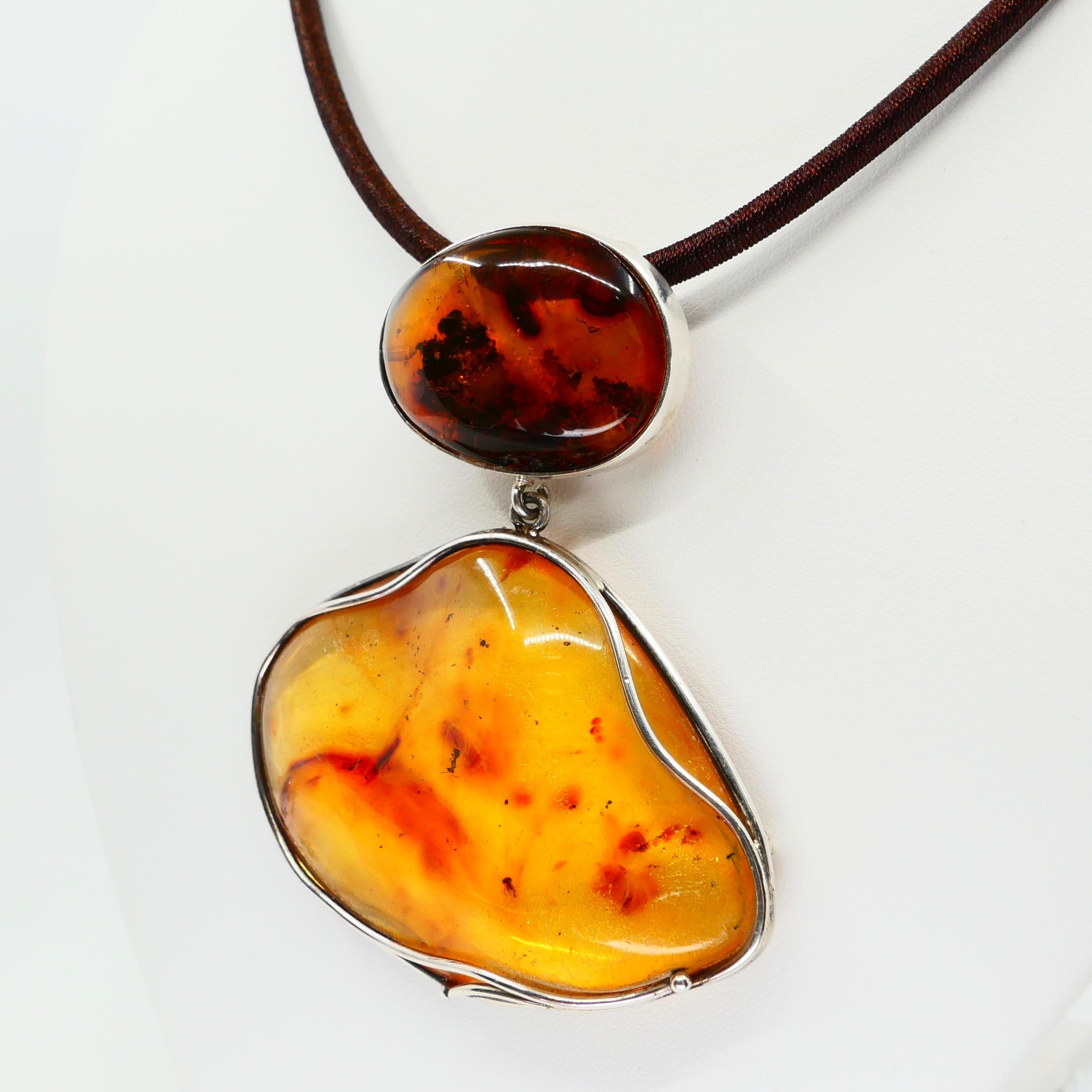 Rough Cut Certified Copal Resin Amber Pendant Necklace with Insect, Statement Jewelry For Sale