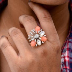 Zertifizierte Korallenperle SI/H Diamant 14 Karat Weißgold Cocktail Ring