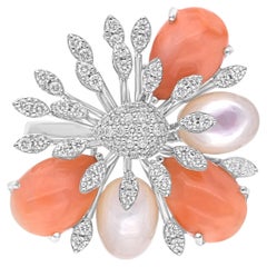 Zertifizierte Korallenperle SI/H Diamant 14 Karat Weißgold Cocktail Ring