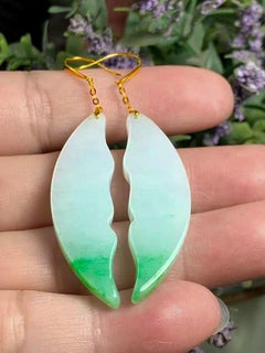Certified Crescent Drop and Dangle Burmese A-Jade Earrings w 18K Yellow Gold