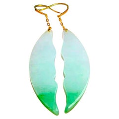 Certified Crescent Drop and Dangle Burmese A-Jade Earrings w 18K Yellow Gold