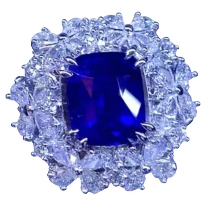 Bague certifiée Ct 17 en saphir de Ceylan bleu royal et diamants sur fleurs