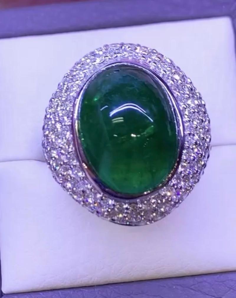 Cabochon Certified Ct 19, 60 of Zambia Emerald and Diamonds on Ring For Sale