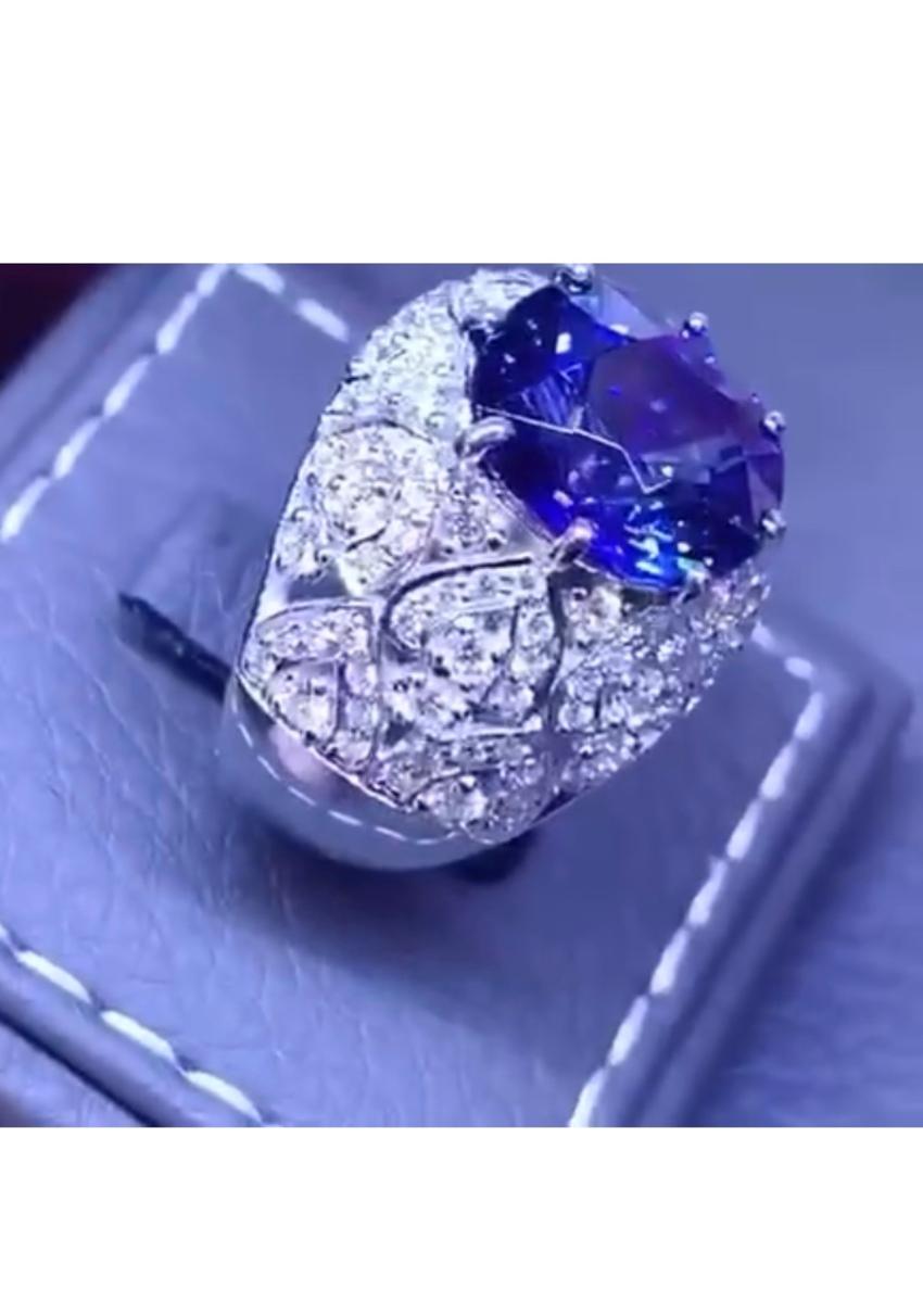 Art Deco Certified Ct 8 of Royal Blue Tanzanite and Diamonds on Magnificent Ring For Sale
