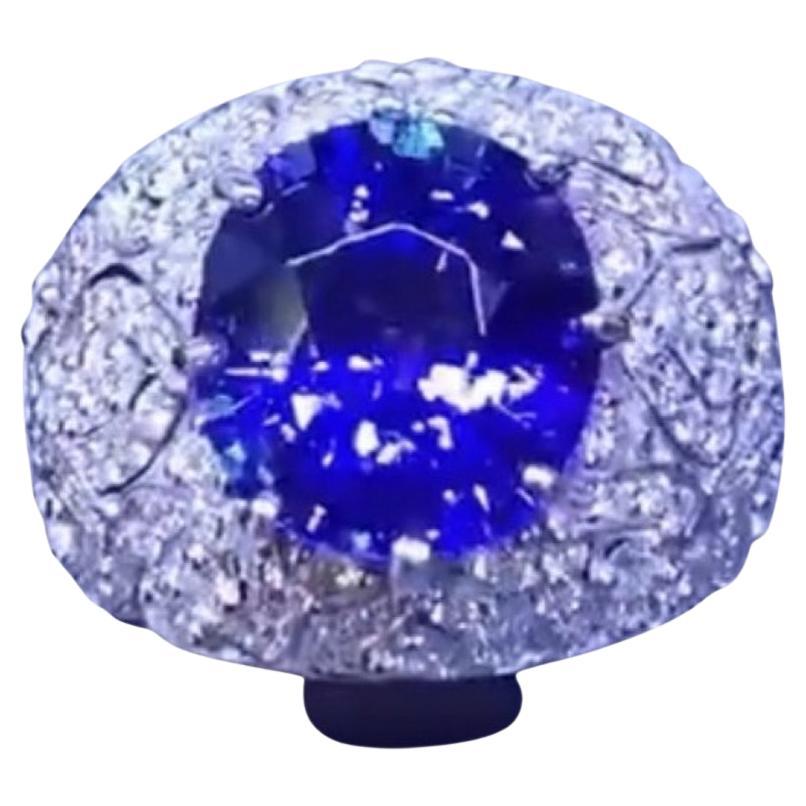Certified Ct 8 of Royal Blue Tanzanite and Diamonds on Magnificent Ring For Sale