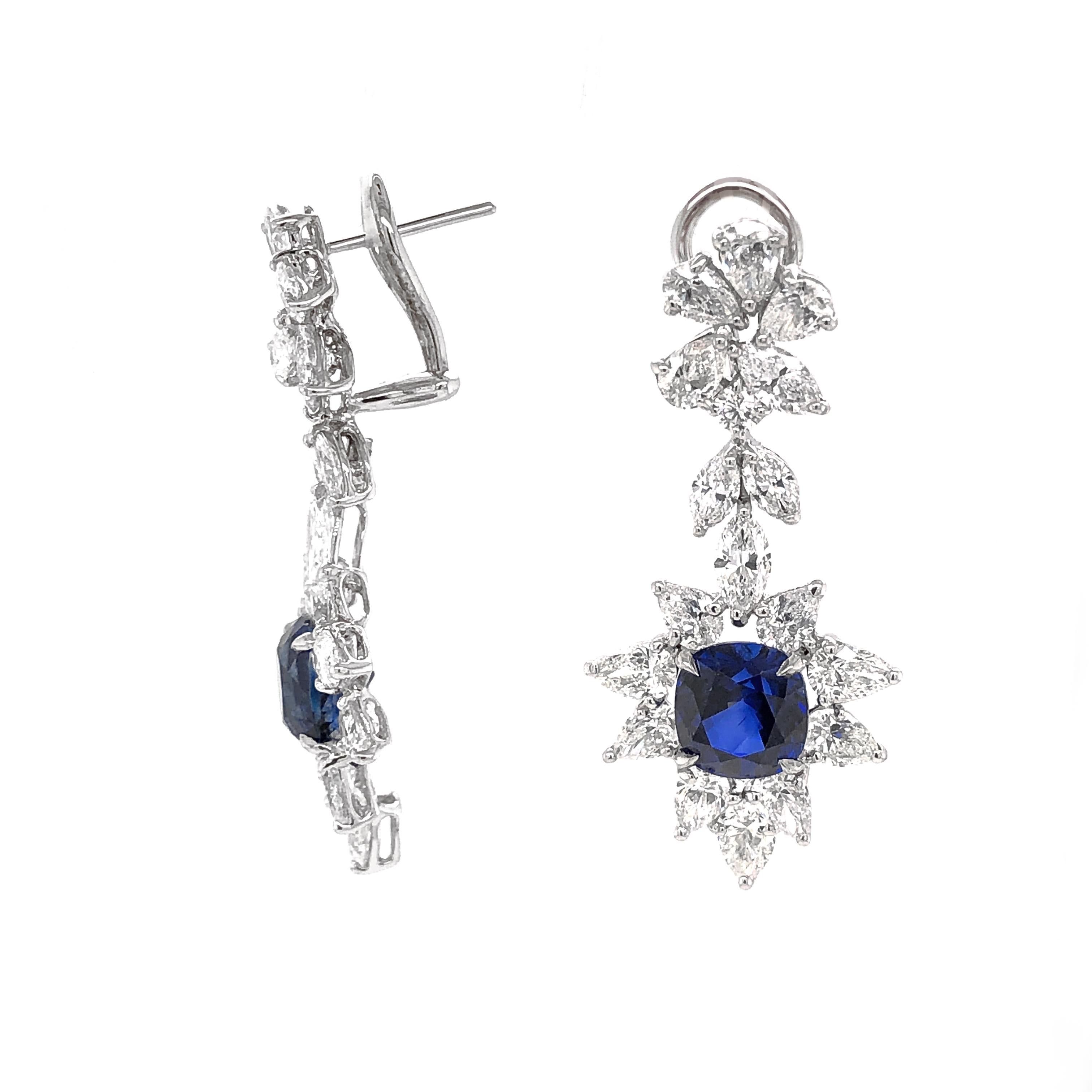 Contemporary Certified Cushion Cut Ceylon Sapphires 8.38 Carat Diamond Chandelier Earrings For Sale