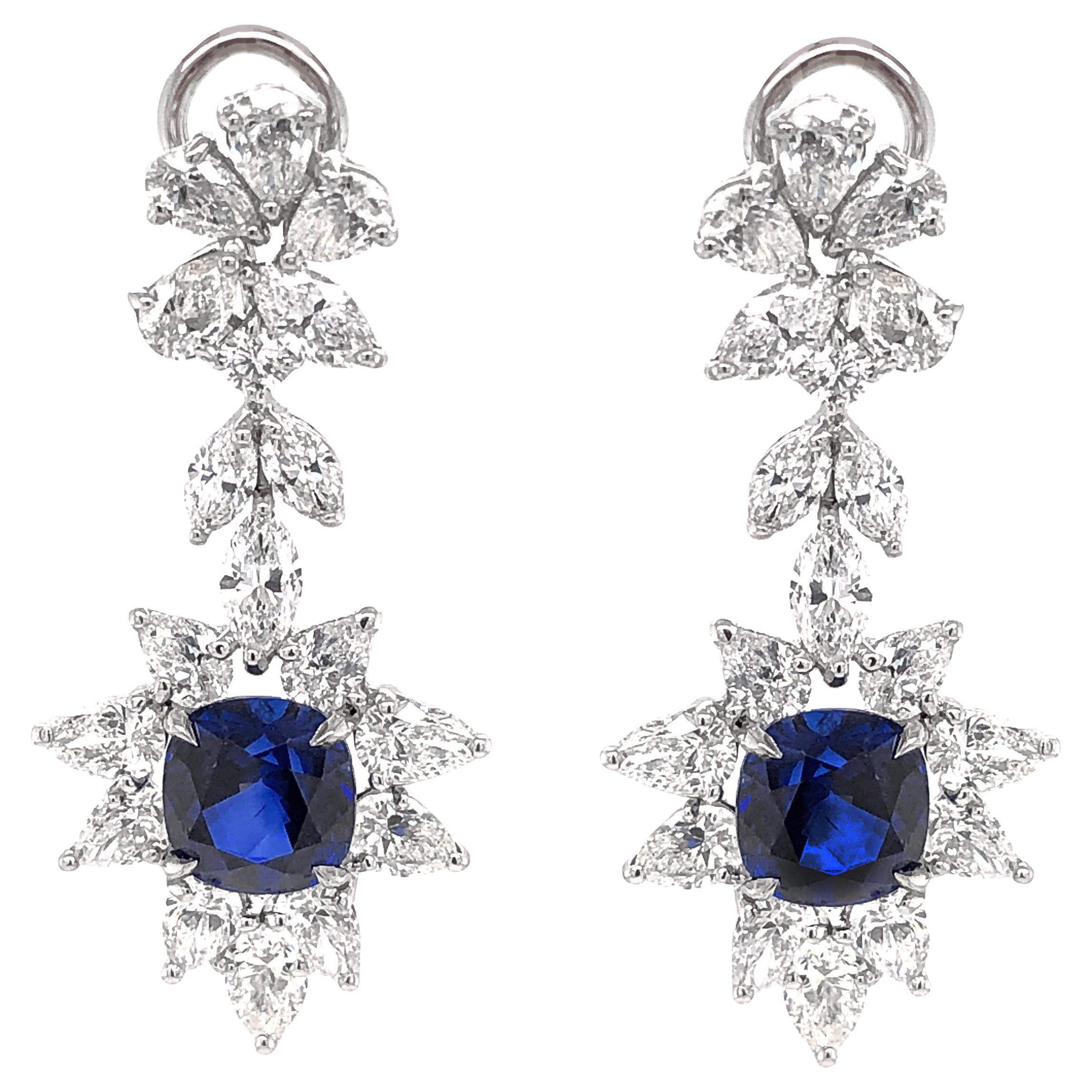 Certified Cushion Cut Ceylon Sapphires 8.38 Carat Diamond Chandelier Earrings For Sale