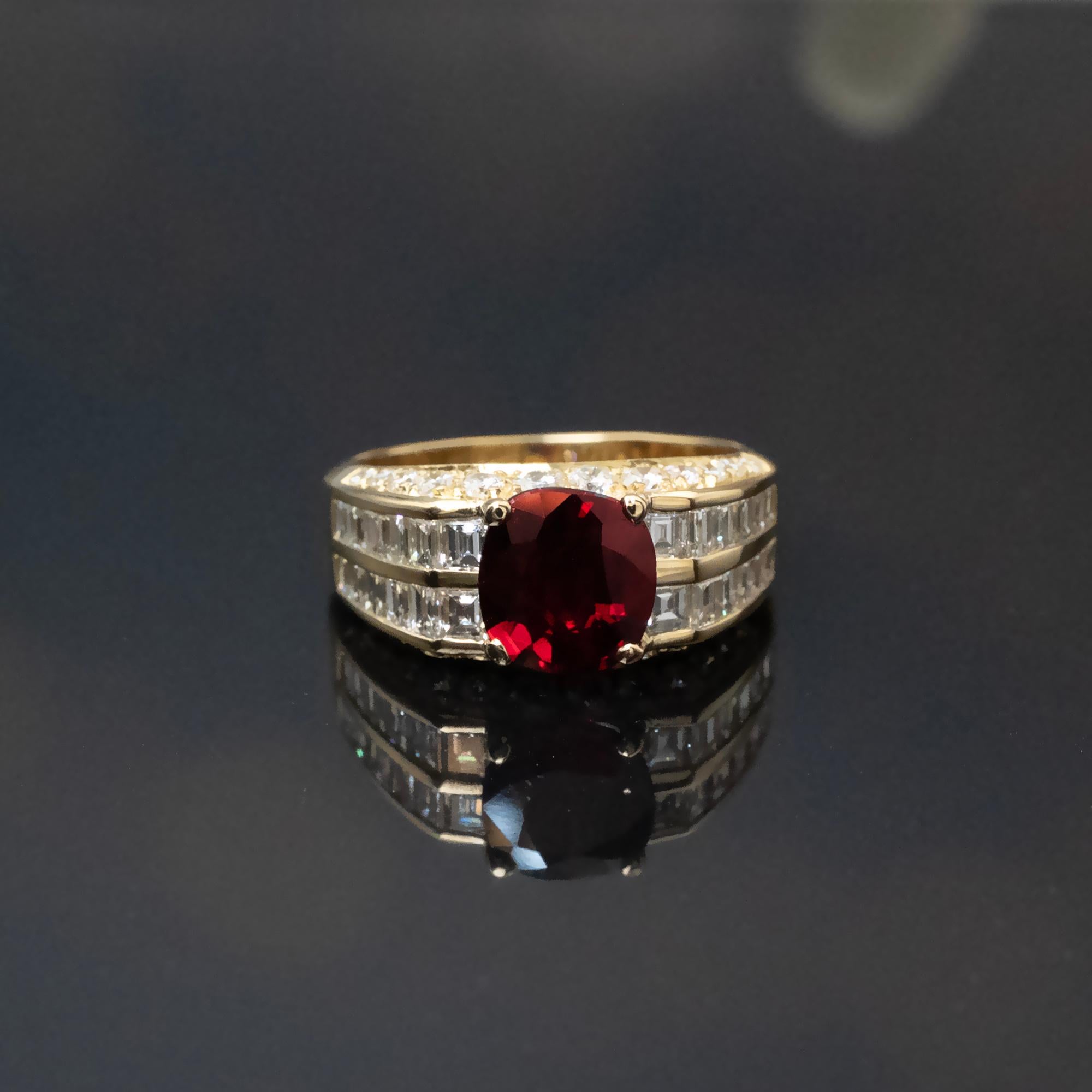 This finely crafted 18k yellow gold cocktail ring showcases high-end craftsmanship and attention to detail. The band features two meticulously aligned rows of high-quality baguette-cut diamonds (FG color, VVS-VS clarity), totaling 1.01 carats. On