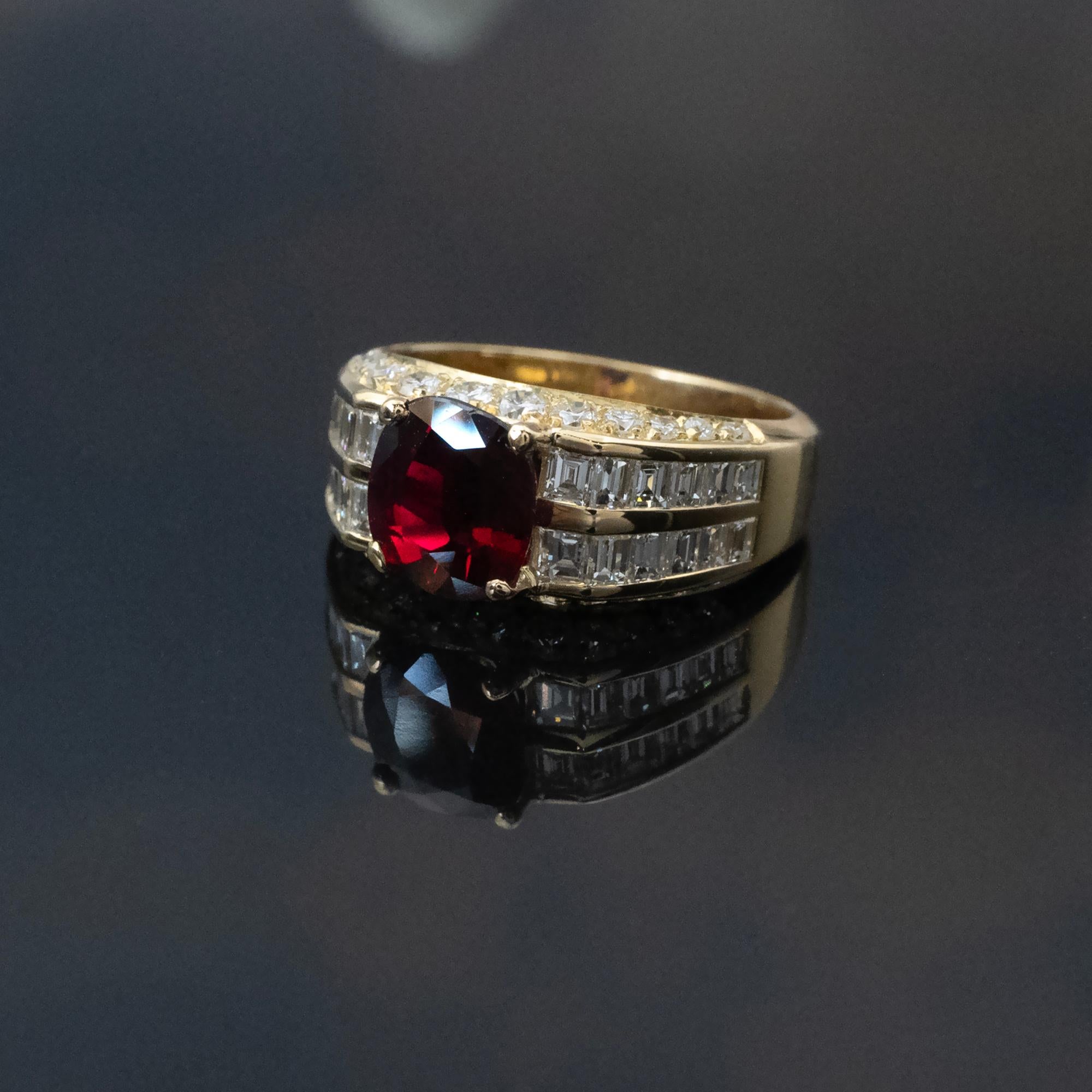 Cushion Cut Certified Cushion-Cut Ruby and Diamond 18k Yellow Gold Cocktail Ring For Sale