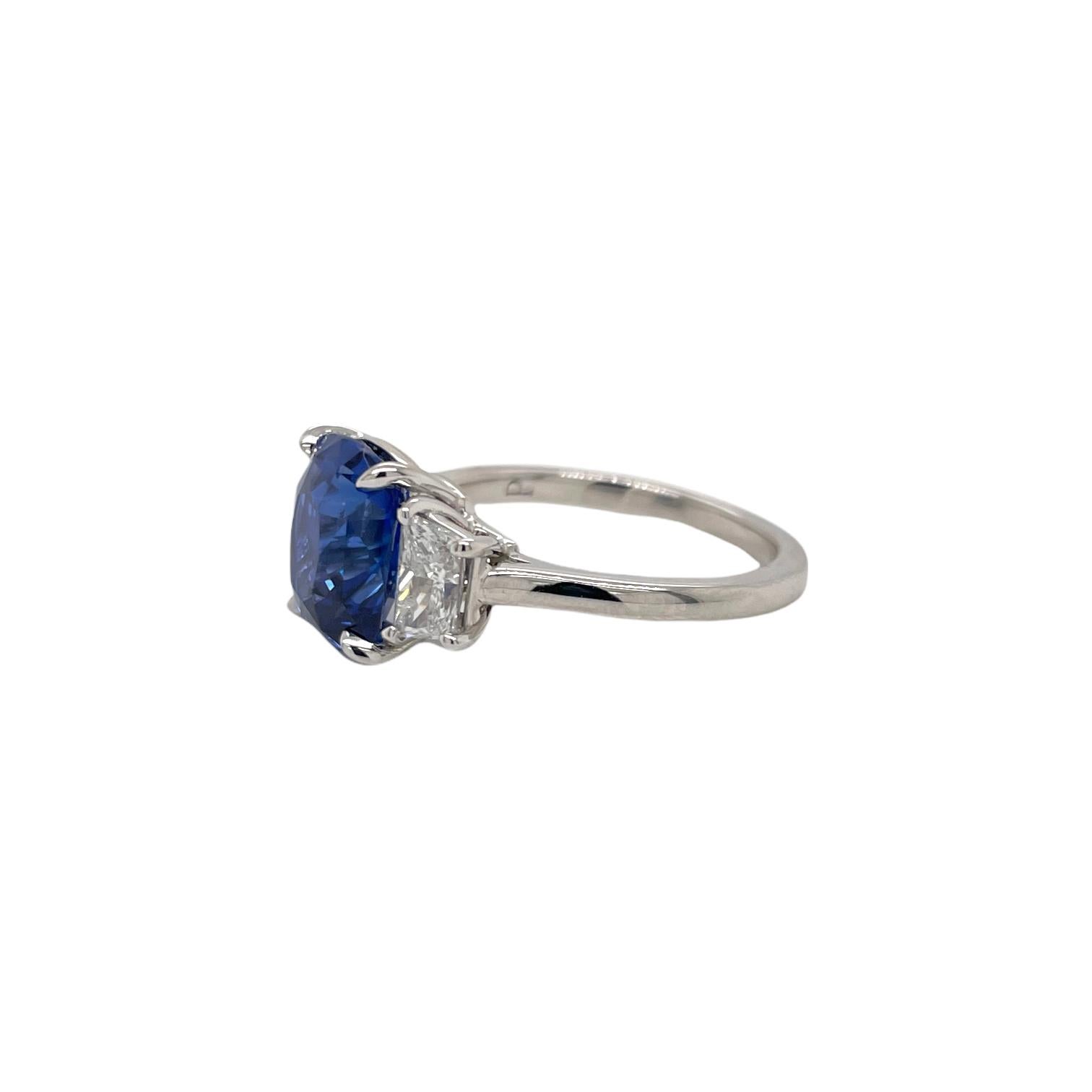 Contemporary Certified Cushion Cut Sapphire & Diamond Three Stone Ring in 18K White Gold