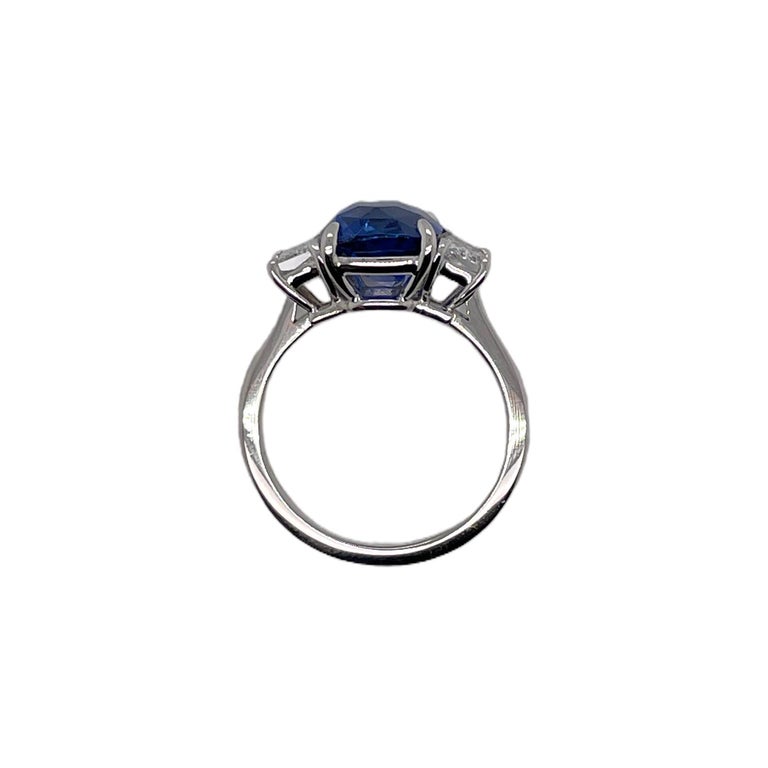 Women's Certified Cushion Cut Sapphire & Diamond Three Stone Ring in 18K White Gold For Sale