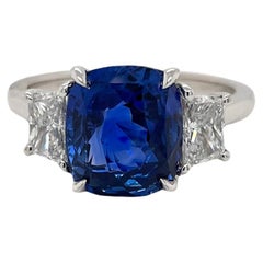 Certified Cushion Cut Sapphire & Diamond Three Stone Ring in 18K White Gold