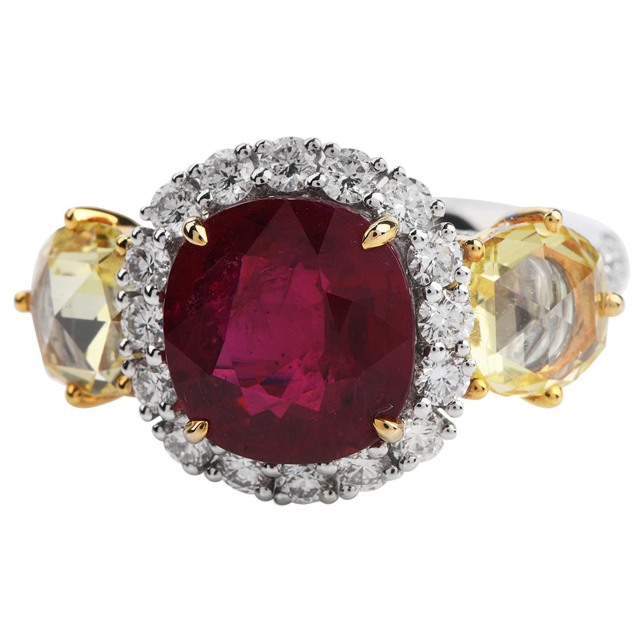Certified Cushion Ruby Yellow Rose Diamond 18 Karat Three-Stone Ring