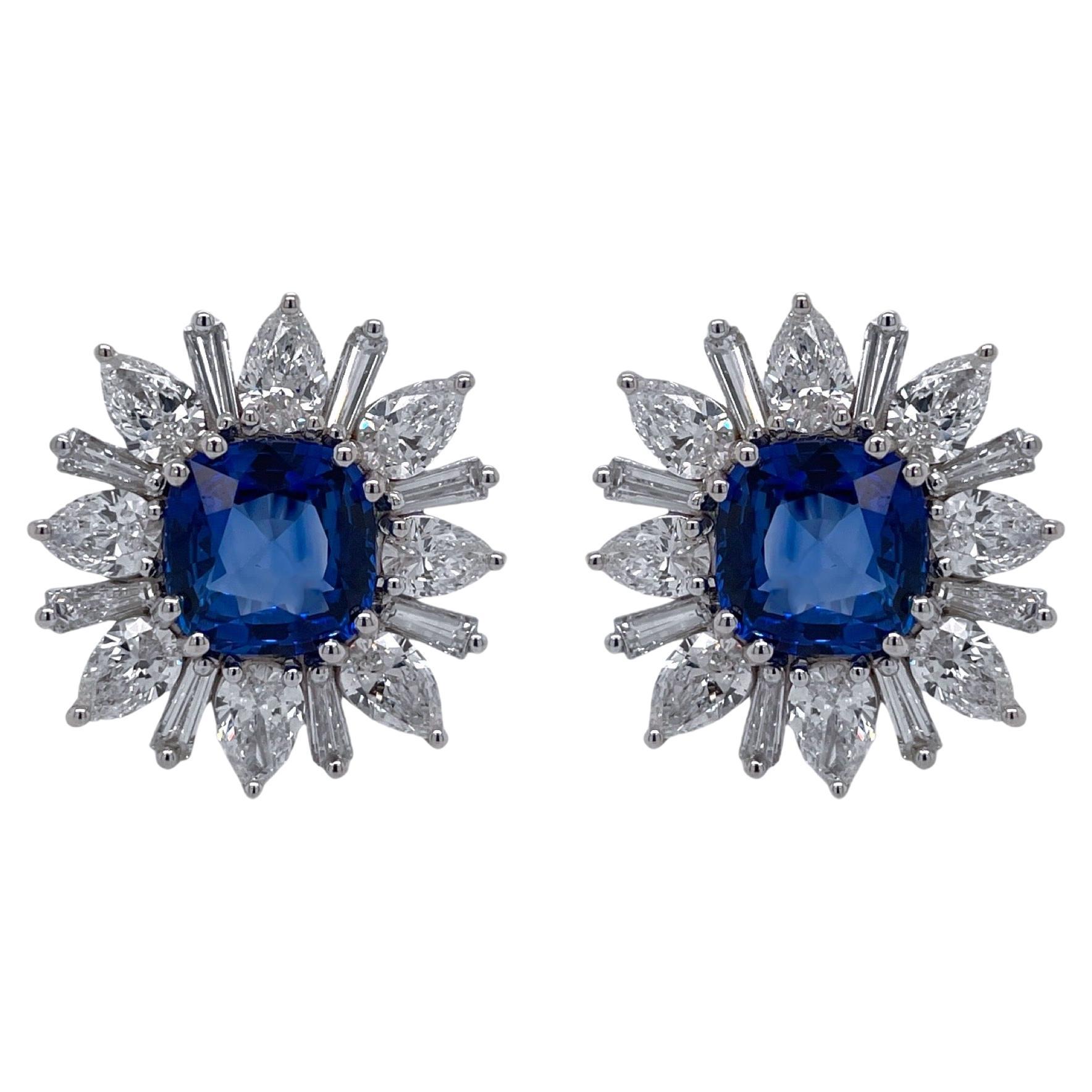 Certified Cushion Sapphire & Diamond Burst Earrings in 18K White Gold For Sale