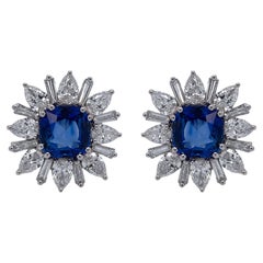 Certified Cushion Sapphire & Diamond Burst Earrings in 18K White Gold
