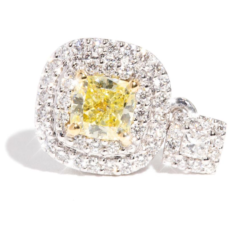 Contemporary Certified Cushion Yellow Diamond and White Diamond Halo Pendant in 18 Carat Gold