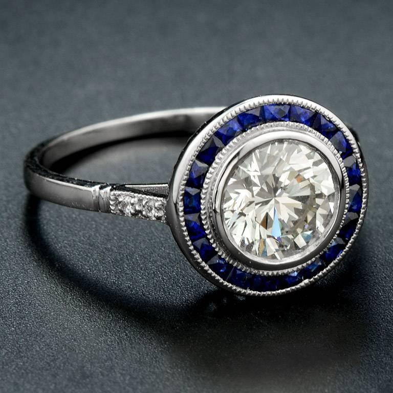 Art Deco Certified Diamond 1.21 Carat Blue Sapphire Platinum Engagement Ring