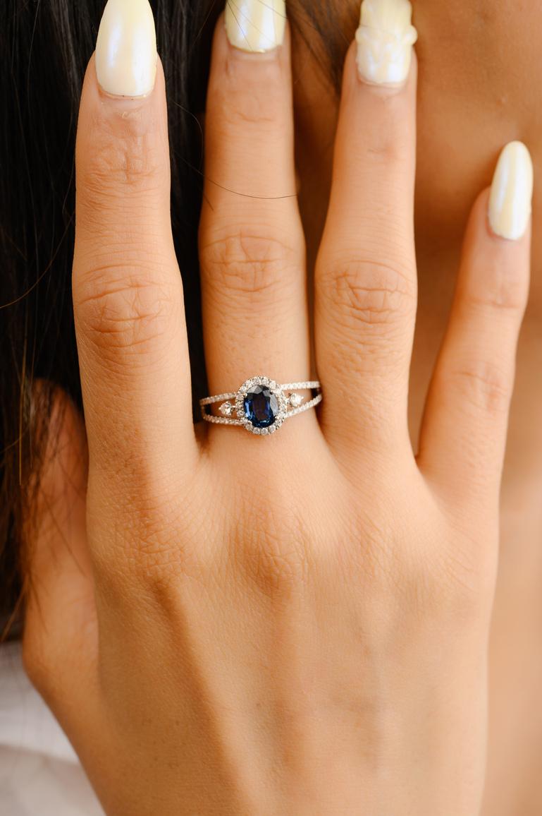 For Sale:  Certified Diamond and Oval Blue Sapphire Engagement Ring 18k Solid White Gold 2