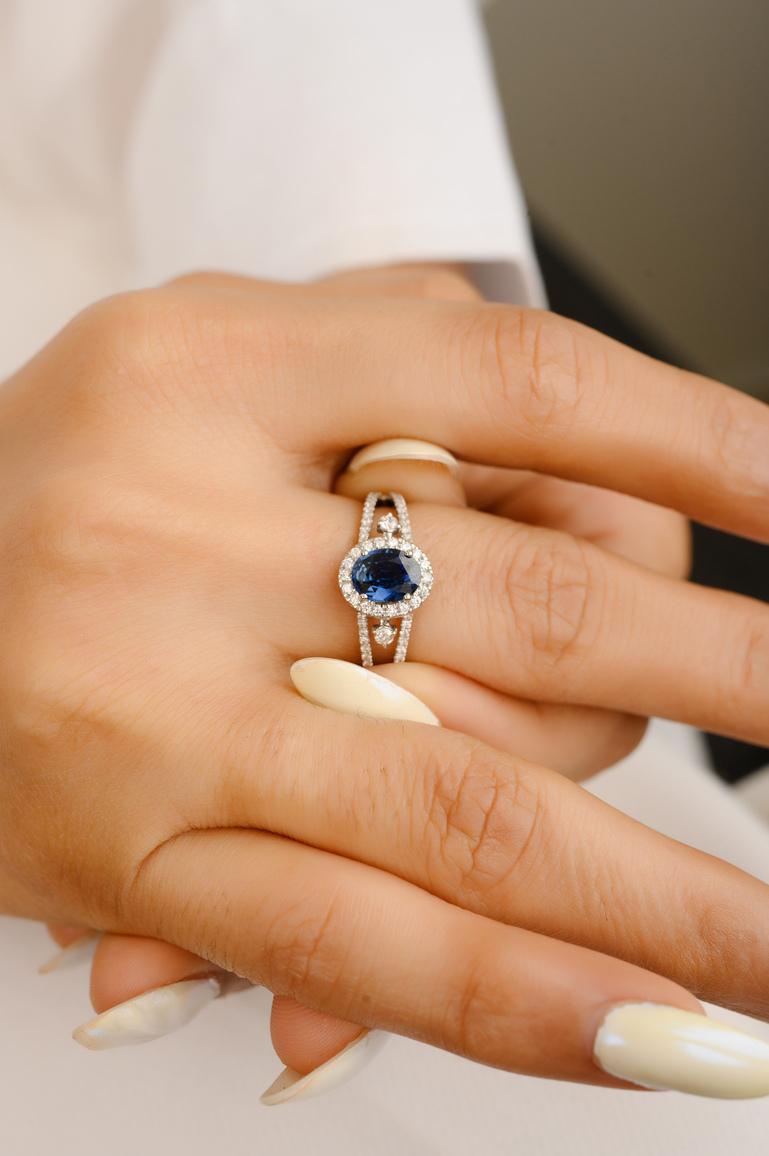 For Sale:  Certified Diamond and Oval Blue Sapphire Engagement Ring 18k Solid White Gold 5