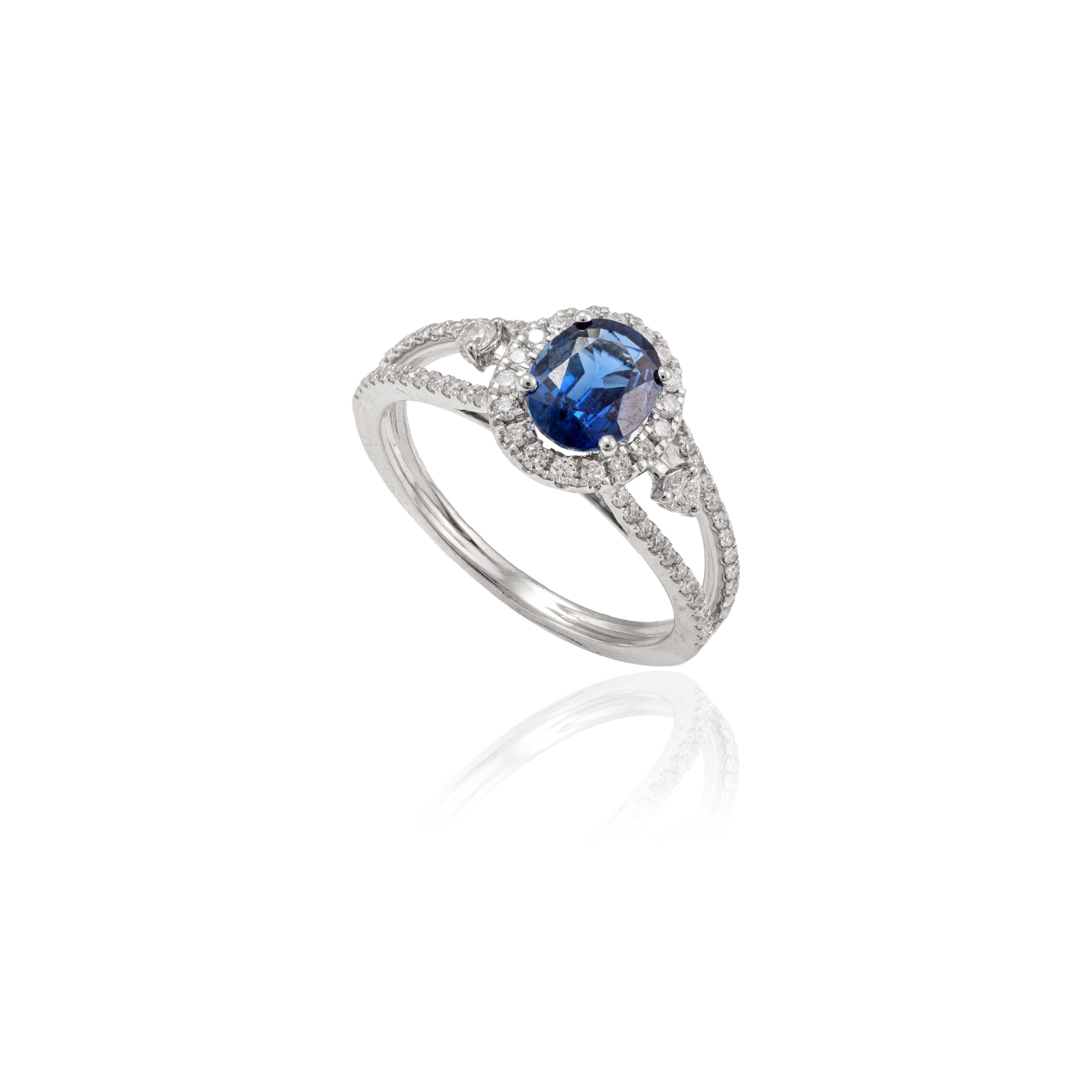 For Sale:  Certified Diamond and Oval Blue Sapphire Engagement Ring 18k Solid White Gold 4
