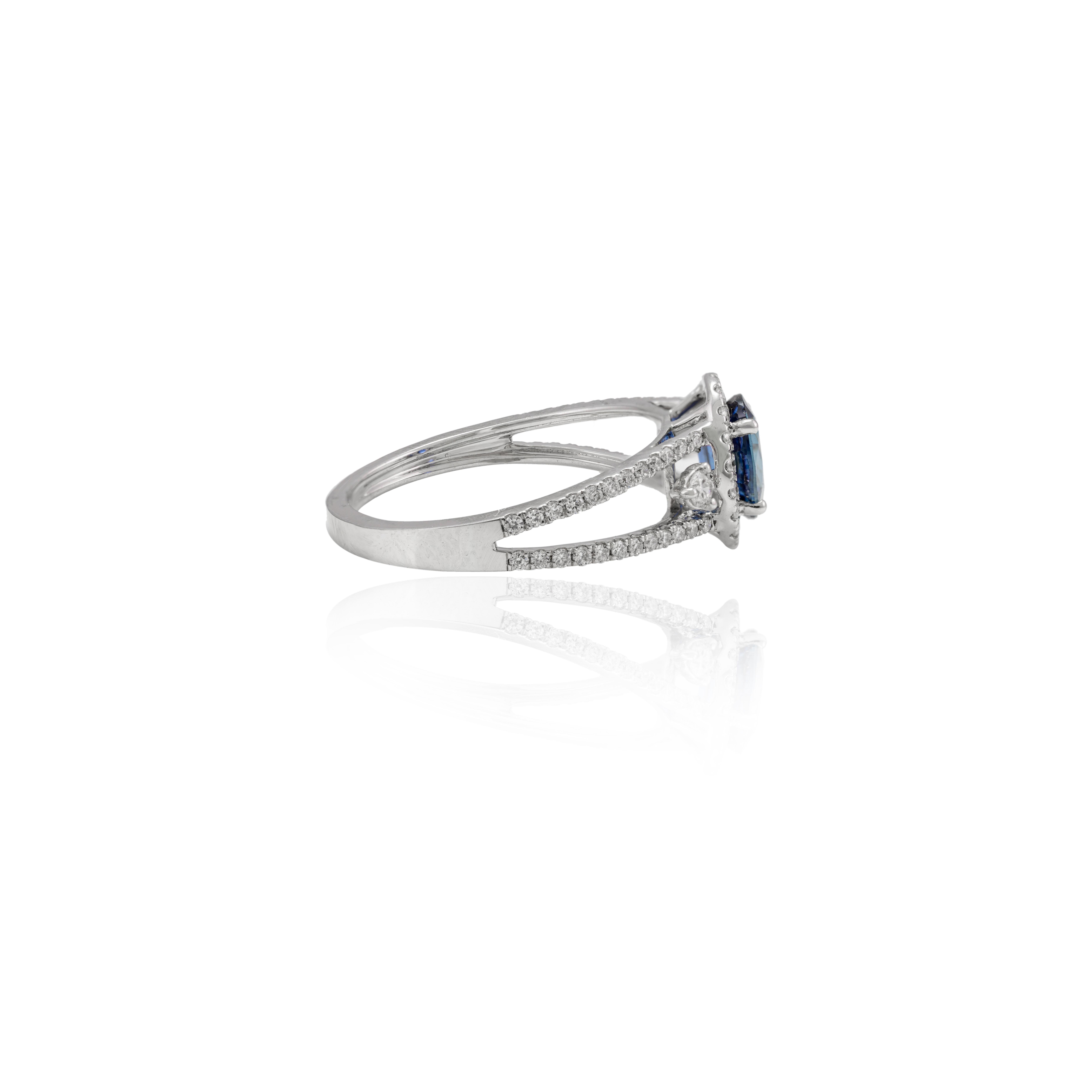 For Sale:  Certified Diamond and Oval Blue Sapphire Engagement Ring 18k Solid White Gold 7