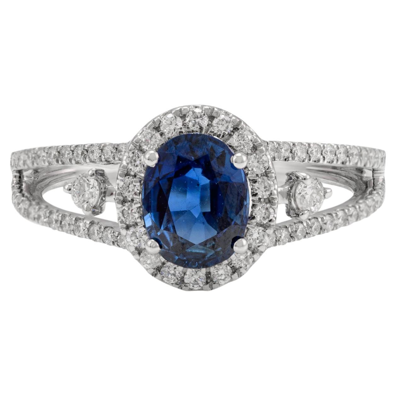 Certified Diamond and Oval Blue Sapphire Engagement Ring 18k Solid White Gold