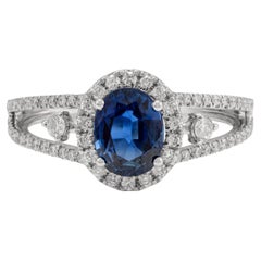 Certified Diamond and Oval Blue Sapphire Engagement Ring 18k Solid White Gold