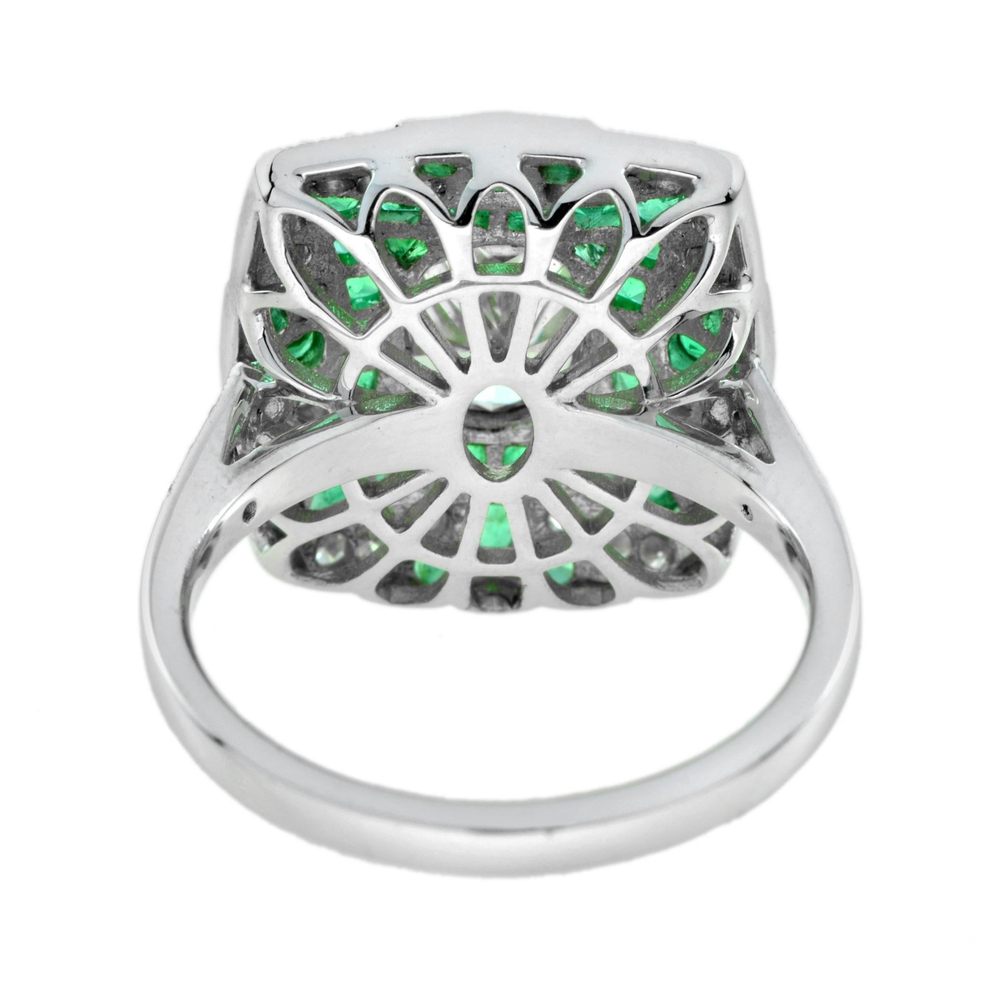 Women's Certified Diamond and Emerald Art Deco Style Engagement Ring in 18k White Gold For Sale