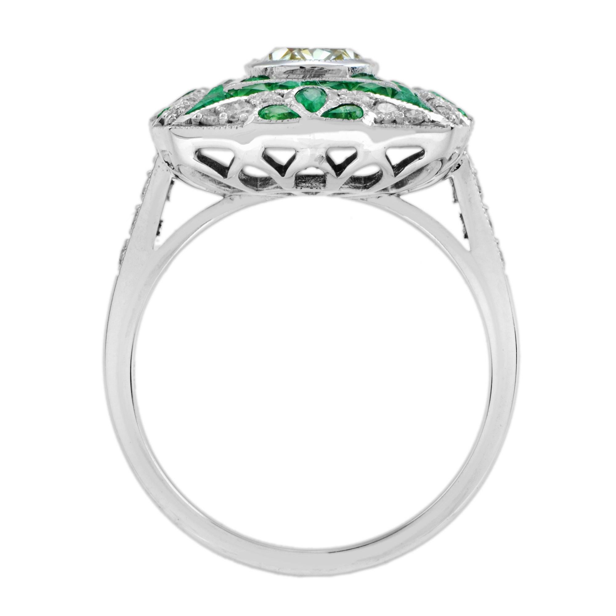 Certified Diamond and Emerald Art Deco Style Engagement Ring in 18k White Gold For Sale 1