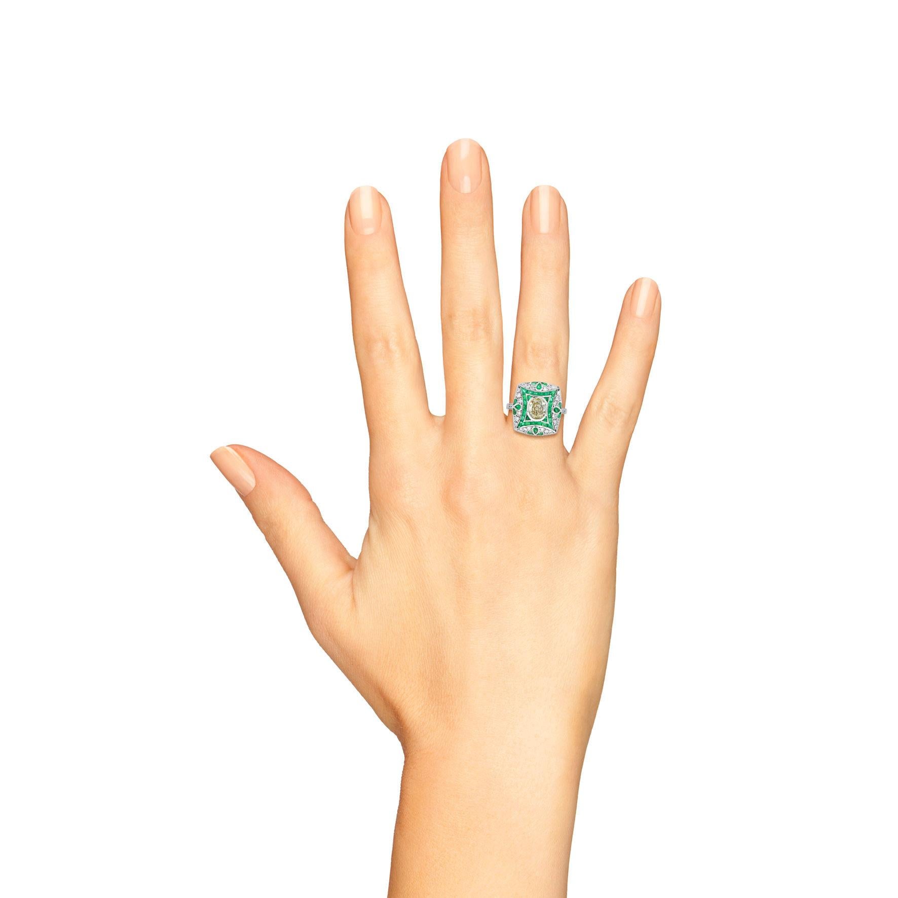 Certified Diamond and Emerald Art Deco Style Engagement Ring in 18k White Gold For Sale 3