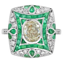 Certified Diamond and Emerald Art Deco Style Engagement Ring in 18k White Gold