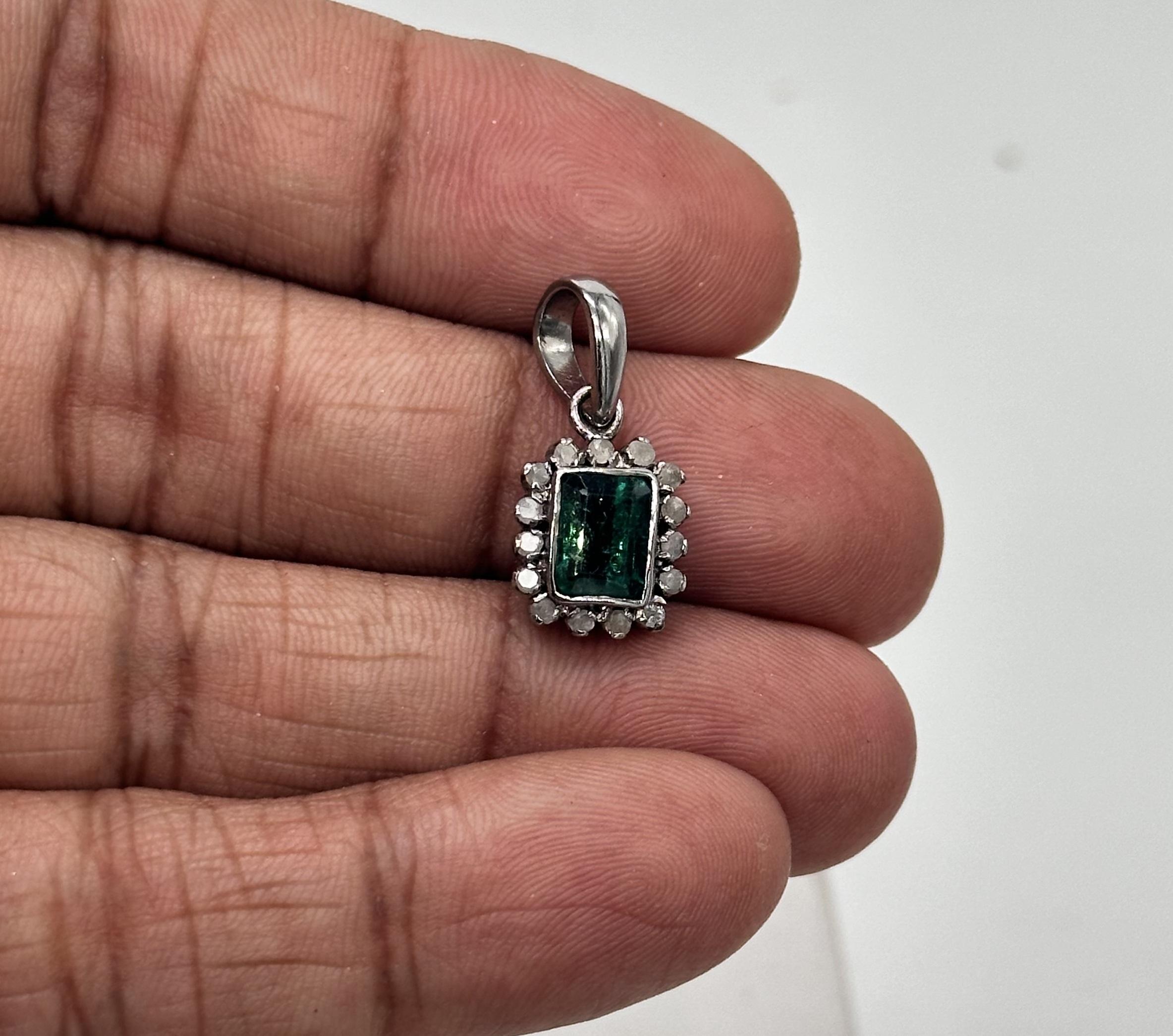 Emerald Cut Vintage Natural Diamond Emerald Pendant Hallmark Sterling Silver For Sale