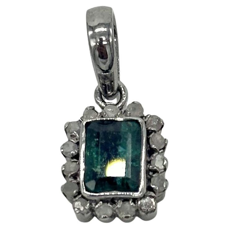Vintage Natural Diamond Emerald Pendant Hallmark Sterling Silver