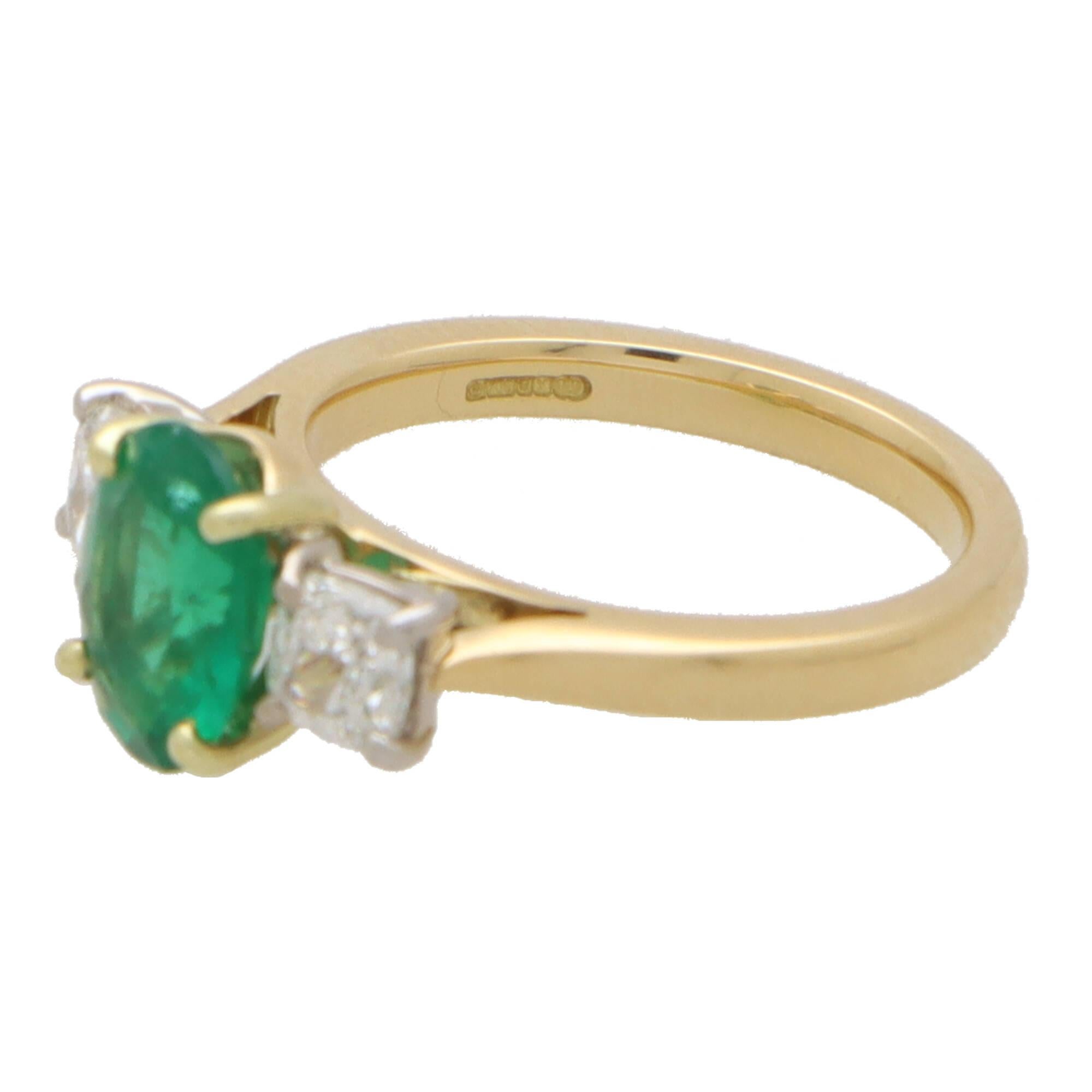 Contemporary Certified Diamond and Emerald Three Stone Ring in Gold For Sale