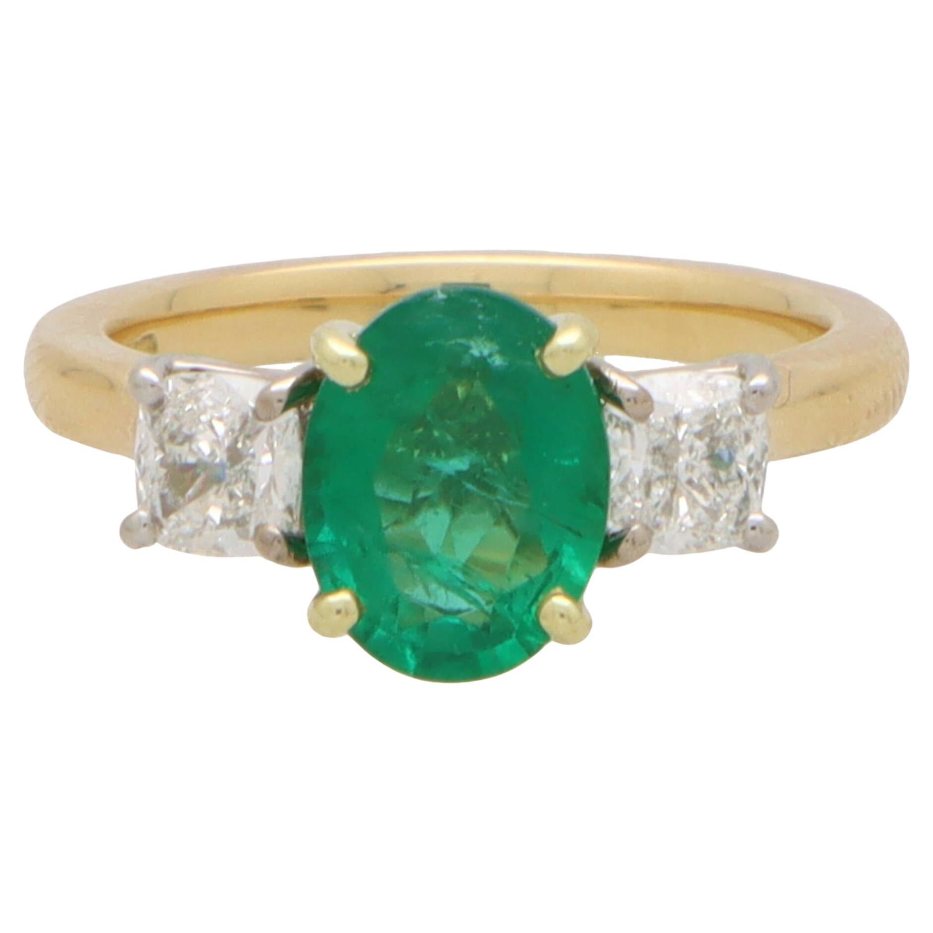 Certified Diamond and Emerald Three Stone Ring in Gold