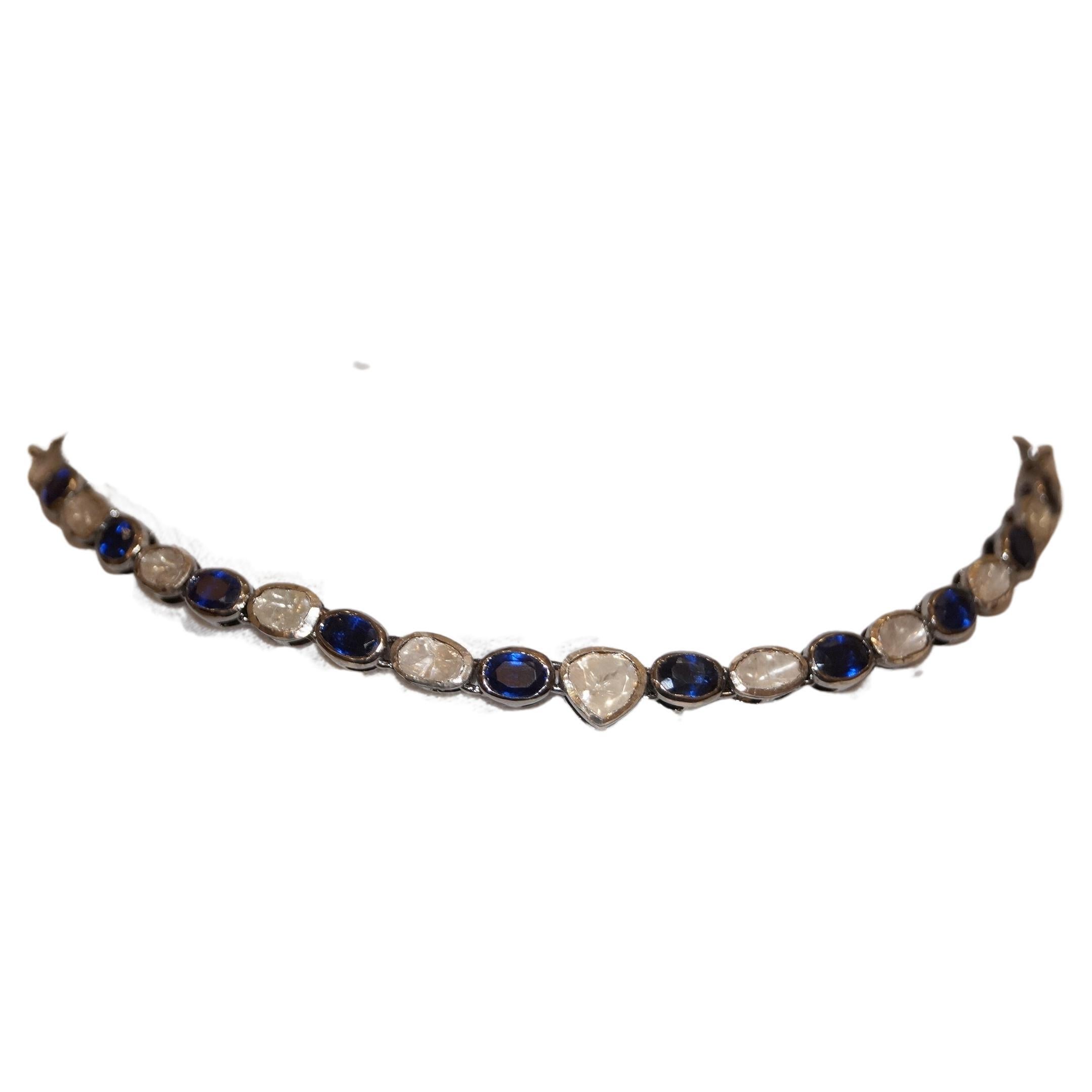 Anglo-Indian Certified diamond blue sapphire choker sterling silver necklace For Sale