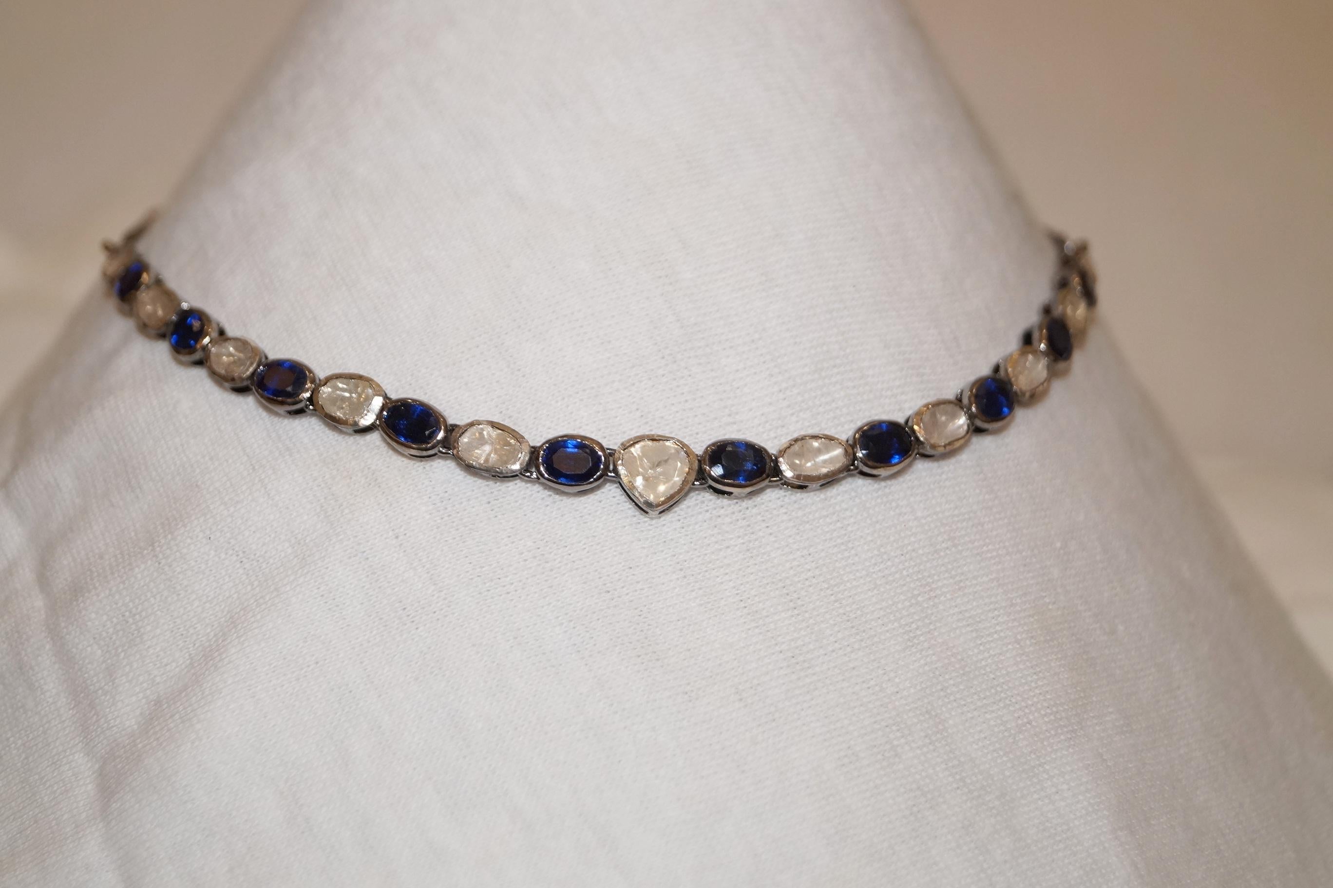 Oval Cut Certified diamond blue sapphire choker sterling silver necklace For Sale