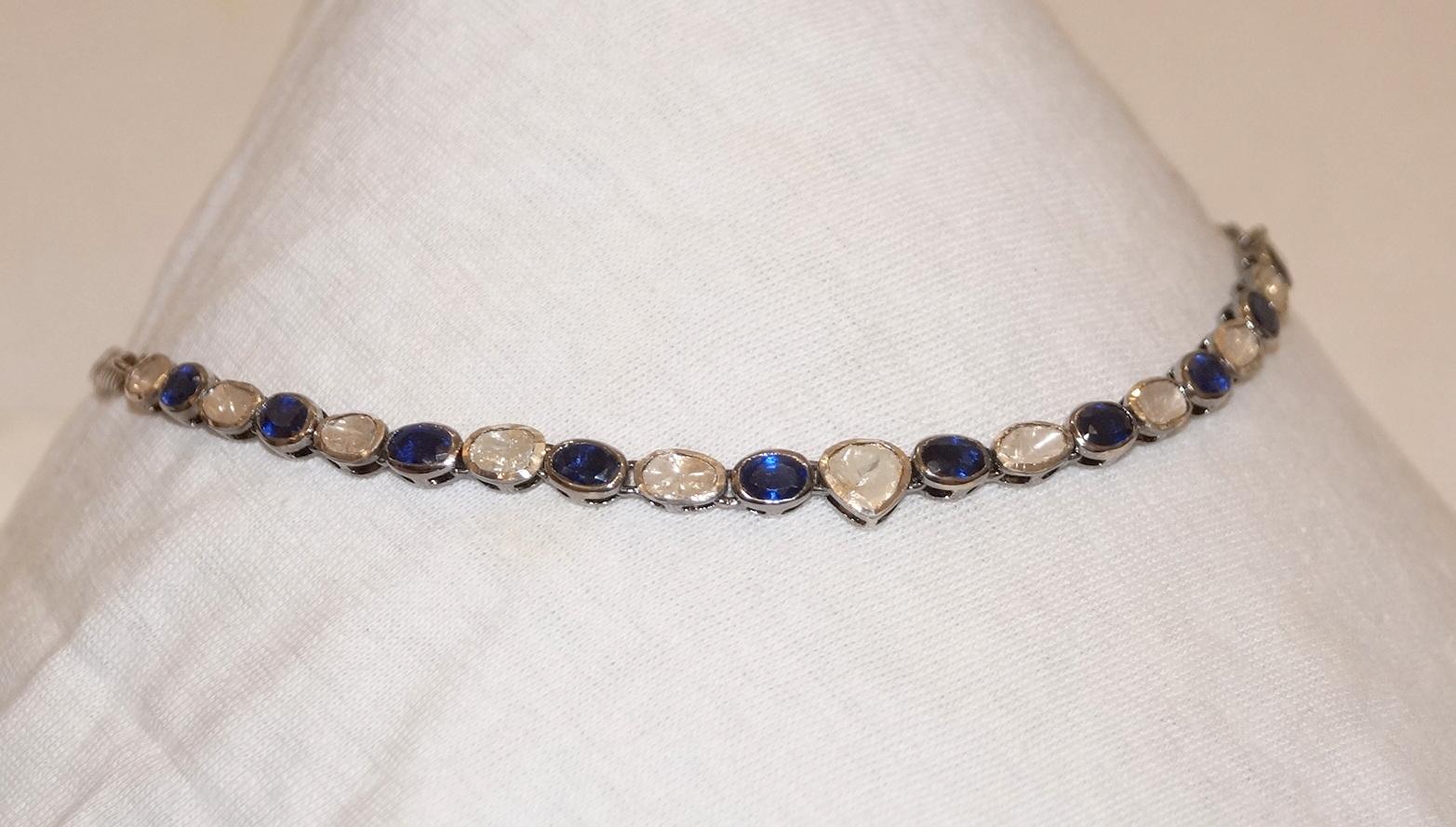 Women's or Men's Certified diamond blue sapphire choker sterling silver necklace For Sale