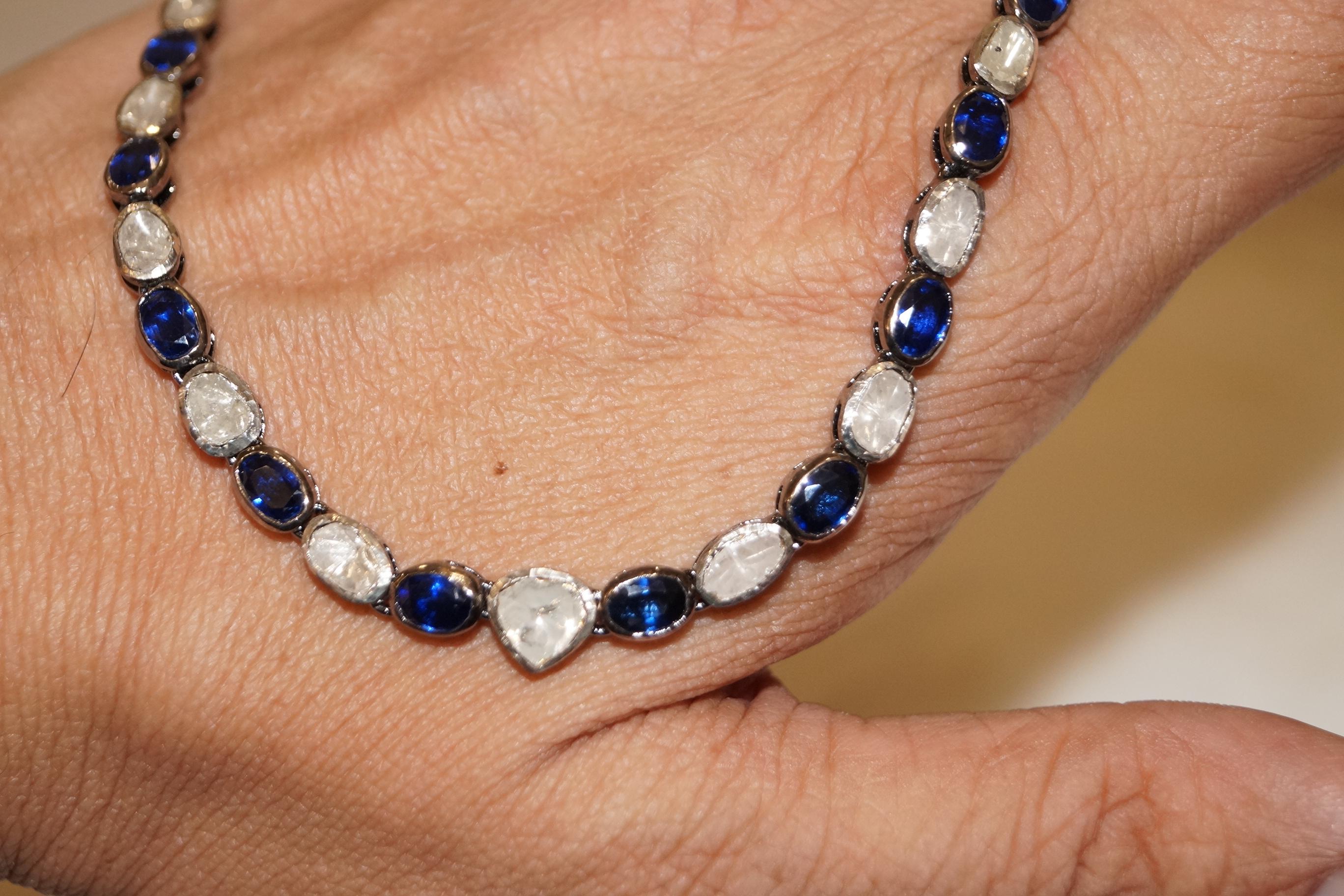 Certified diamond blue sapphire choker sterling silver necklace For Sale 3