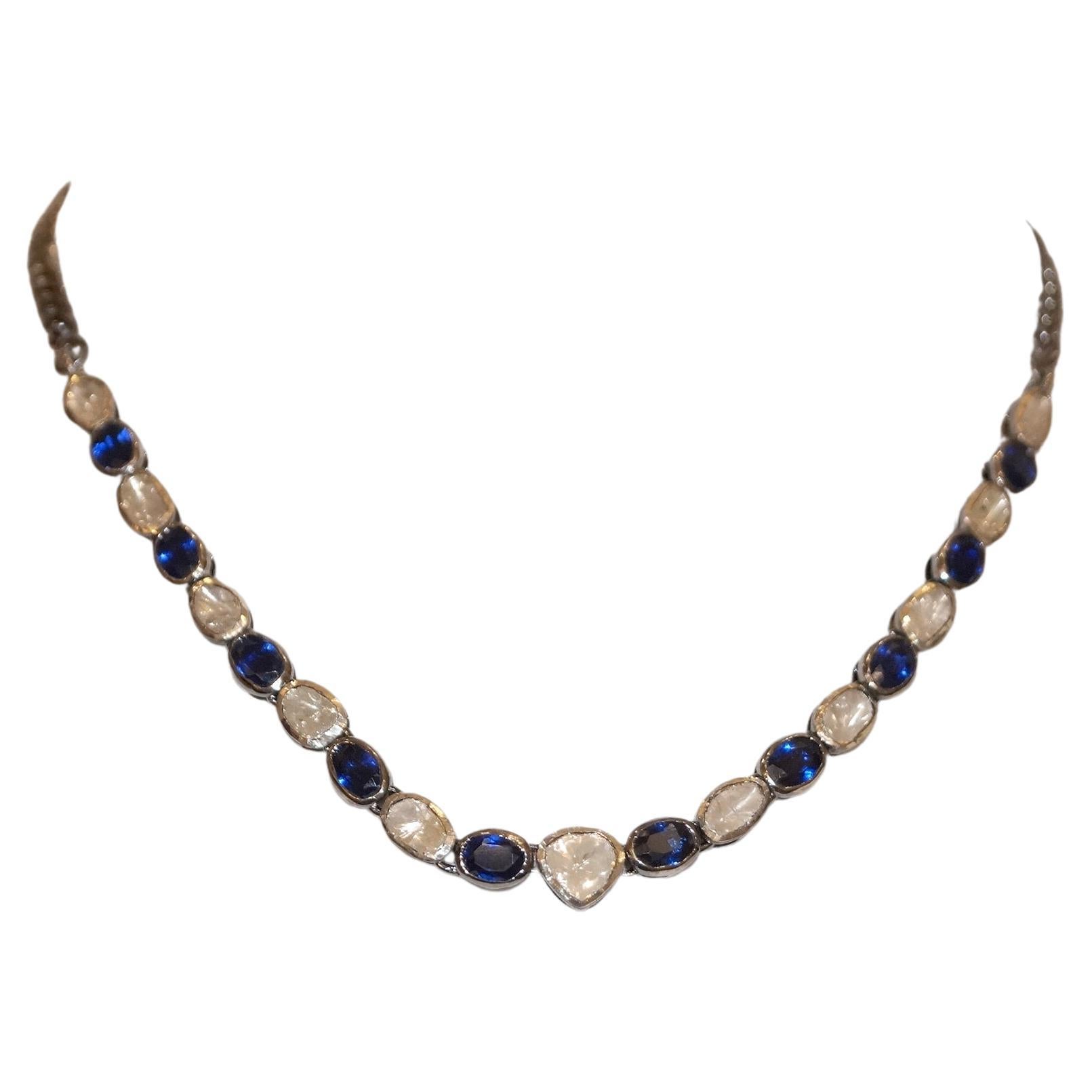 Certified diamond blue sapphire choker sterling silver necklace For Sale