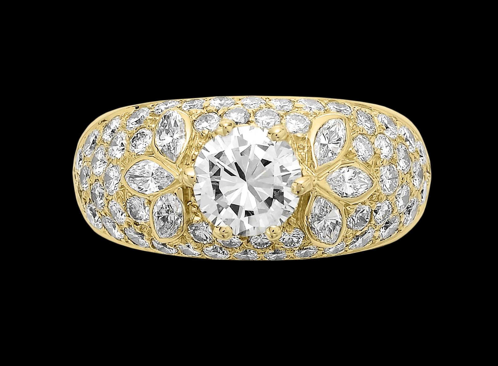 Round Cut Certified Diamond  Bombay Cluster Dome 3.66ct Ring in thick 18ct Yellow Gold 