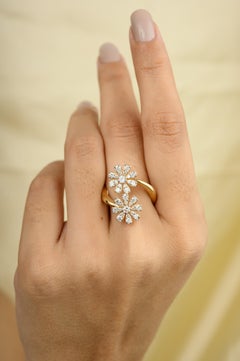 Certified Diamond Flower Bypass Ring in 18k Yellow Gold for Women