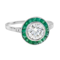Certified Diamond & Green Emerald Fancy Art Deco Style Halo Set Platinum Ring